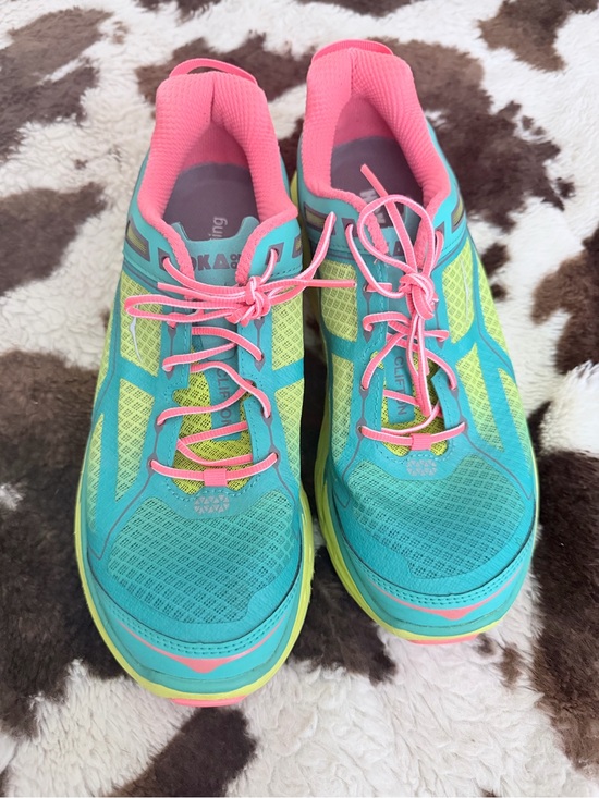 Hoka Shoes - Hoka Clifton Turquoise, neon yellow and neon orange Women's Running Sneakers 9.5